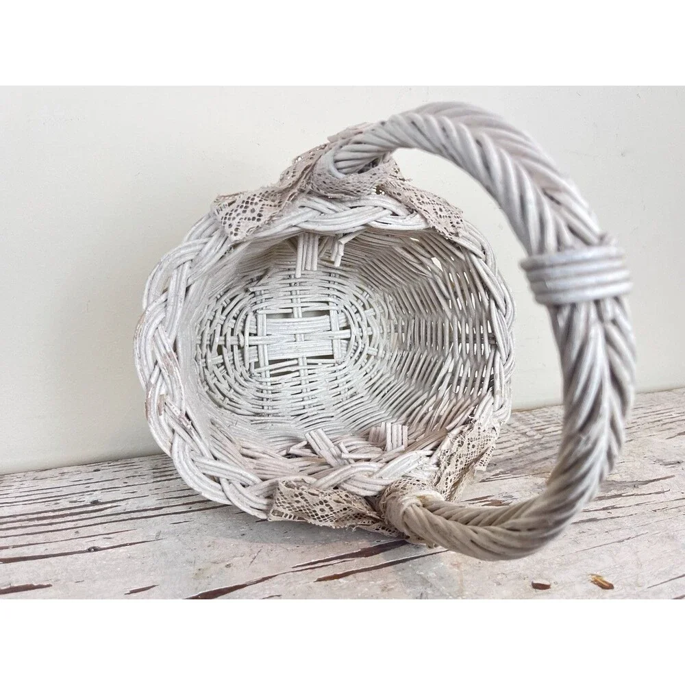 Vintage Shabby White Wicker Rosette Accent Lace Bowed Wicker Cottage Basket 13”